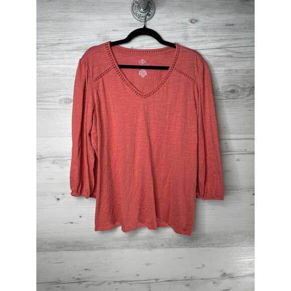 St John's Bay Shirt Womens 2XL Red V Neck 3/4 Sleeve Pullover Boho Crochet Trim - Picture 1 of 7
